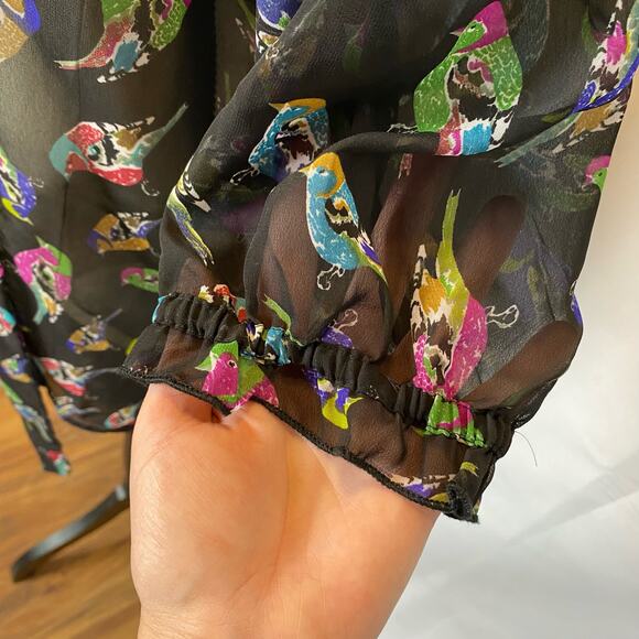 Uttam Boutique Sheer Blouse Size Medium Colorful Bird Tie Neck Button Down - Picture 7 of 15